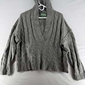 American Eagle Gray Cable Knit Hooded V Neck Sweater S